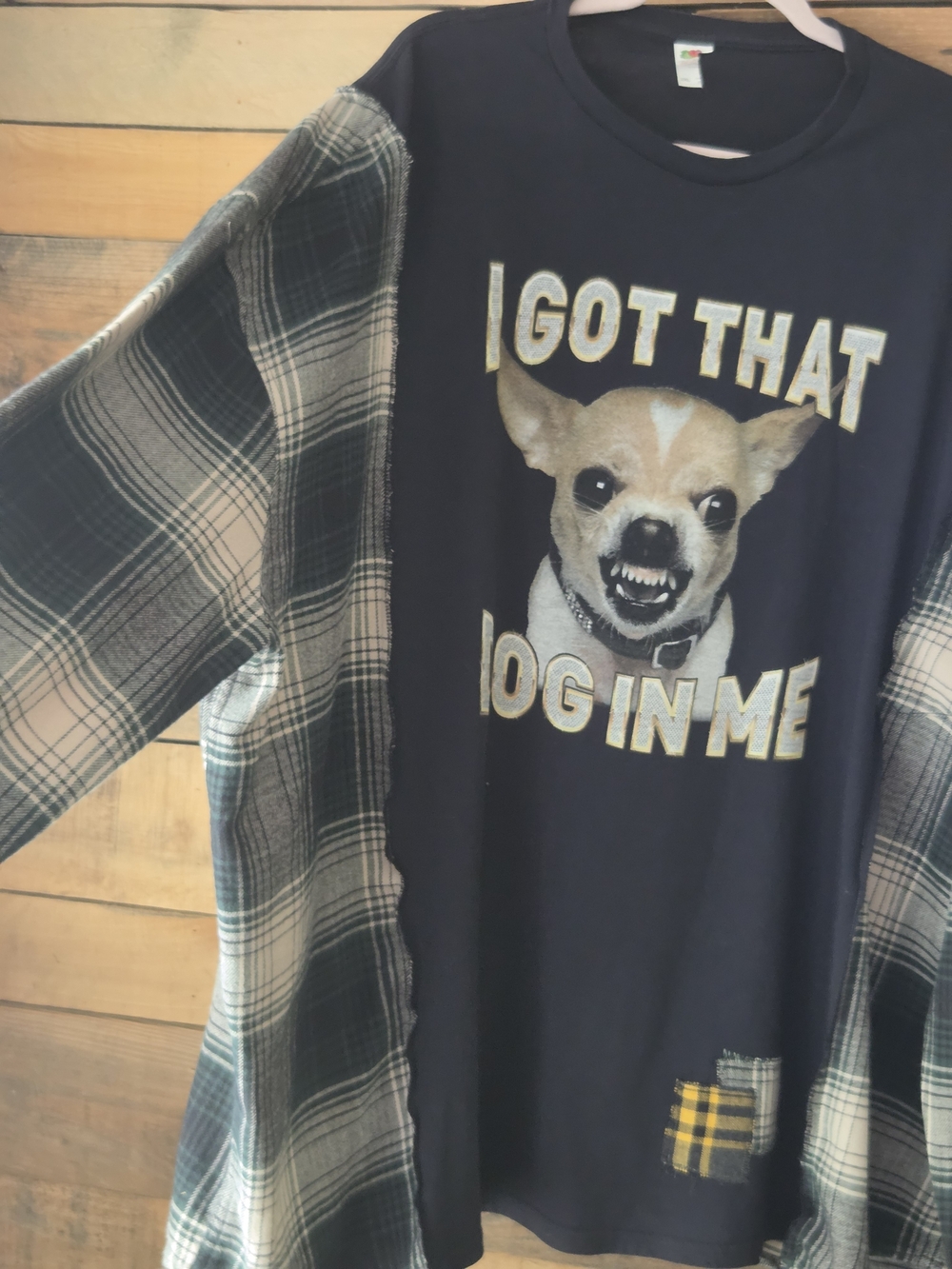 Upcycled Graphic T-shirt With Plaid Long Sleeves - Picture 6 of 8